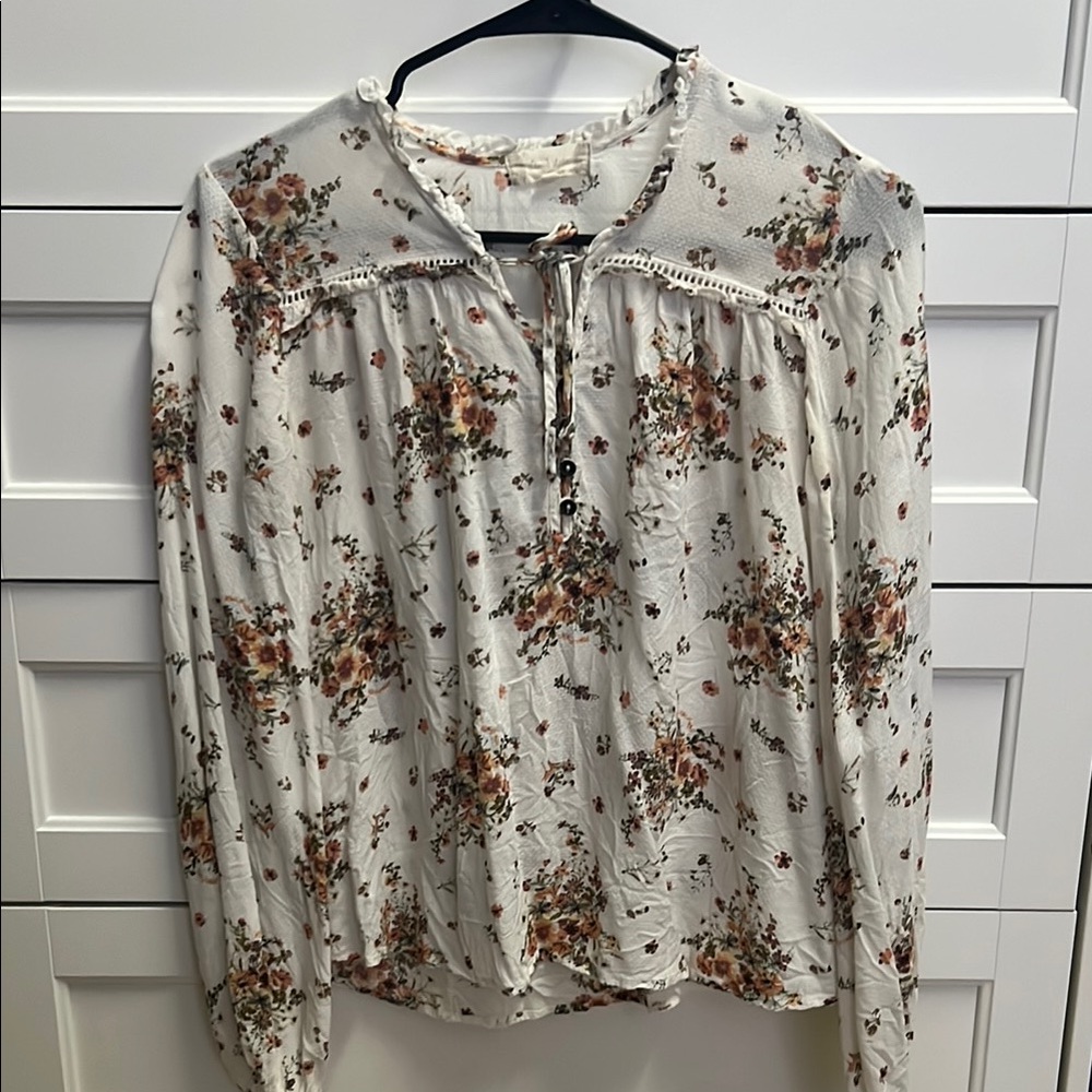 Altar'd State Cream and floral Ruffled Blouse with Peter Pan Collar